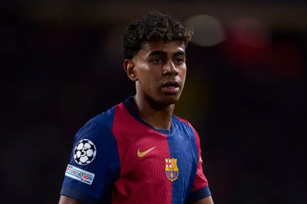 BARCELONA, SPAIN - OCTOBER 23: Lamine Yamal of FC Barcelona looks on during the UEFA Champions League 2024/25 League Phase MD3 match between FC Barcelona and FC Bayern Munchen at Estadi Olimpic Lluis Companys on October 23, 2024 in Barcelona, Spain.