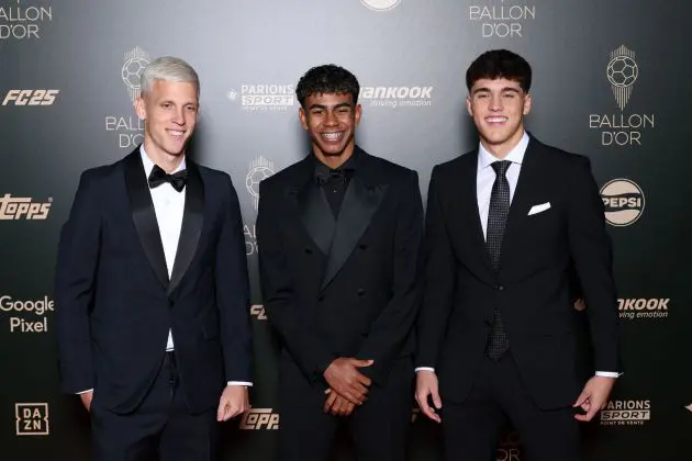 PARIS, FRANCE - OCTOBER 28: Dani Olmo, Lamine Yamal and Pau Cubarsí of Spain and FC Barcelona attend the 68th Ballon D'Or Photocall at Theatre Du Chatelet on October 28, 2024 in Paris, France.