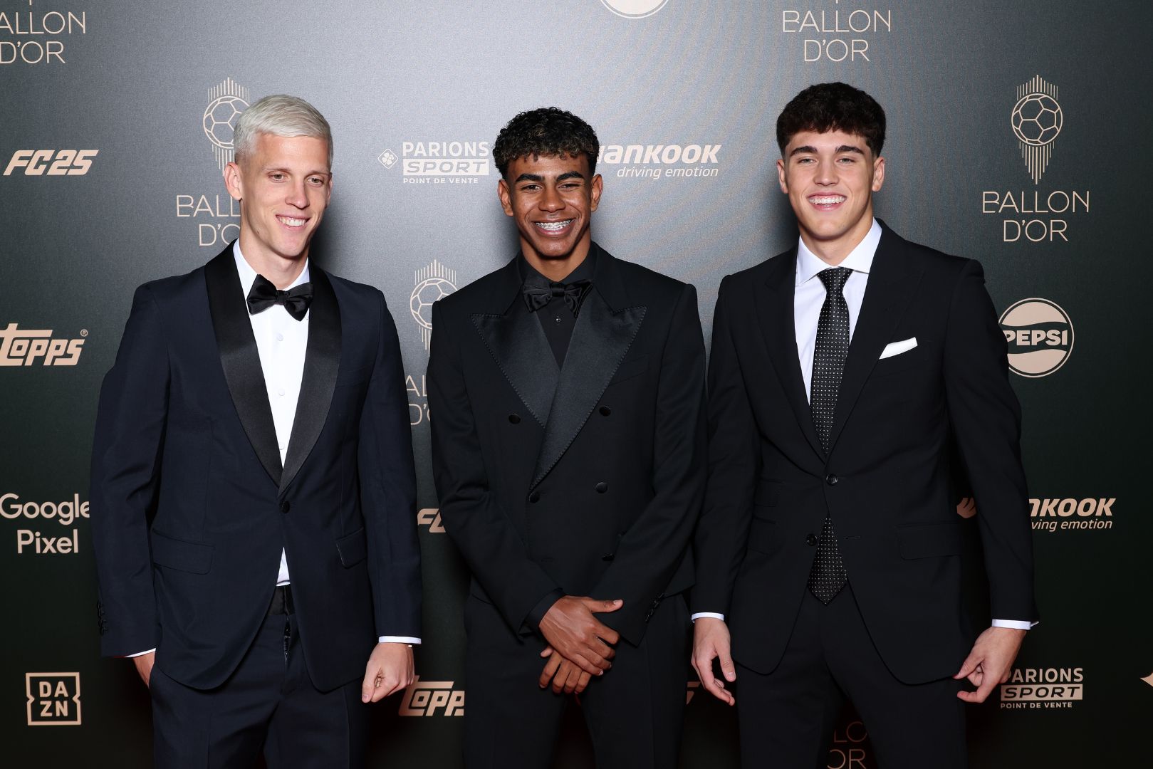 PARIS, FRANCE - OCTOBER 28: Dani Olmo, Lamine Yamal and Pau Cubarsí of Spain and FC Barcelona attend the 68th Ballon D'Or Photocall at Theatre Du Chatelet on October 28, 2024 in Paris, France.