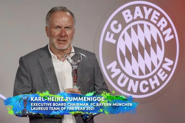 UNSPECIFIED - UNSPECIFIED DATE: In this handout screengrab released on May 6 , Karl Heinz Rummenigge, Executive Board Chairman of Bayern Munich speaks on behalf of the team after winning the Laureus World Team of the Year Award during the Laureus World Sports Awards 2021 Virtual Award Ceremony.