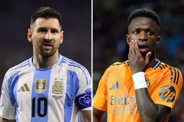 HOUSTON, TEXAS - JULY 04: Lionel Messi of Argentina reacts during the CONMEBOL Copa America 2024 quarter-final match between Argentina and Ecuador at NRG Stadium on July 04, 2024 in Houston, Texas. | SAN SEBASTIAN, SPAIN - SEPTEMBER 14: Vinicius Junior of Real Madrid reacts during the LaLiga match between Real Sociedad and Real Madrid CF at Reale Arena on September 14, 2024 in San Sebastian, Spain.