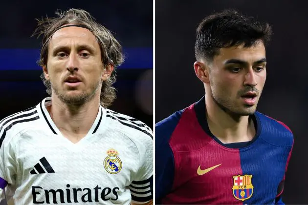 MADRID, SPAIN - SEPTEMBER 21: Luka Modric of Real Madrid during the LaLiga match between Real Madrid CF and RCD Espanyol de Barcelona at Estadio Santiago Bernabeu on September 21, 2024 in Madrid, Spain. | BARCELONA, SPAIN - OCTOBER 20: Pedri of FC Barcelona looks on during the La Liga EA Sports match between FC Barcelona and Sevilla FC at Estadi Olimpic Lluis Companys on October 20, 2024 in Barcelona, Spain.