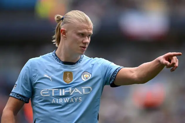 MANCHESTER, ENGLAND - SEPTEMBER 14: Erling Haaland of Manchester City reacts during the Premier League match between Manchester City FC and Brentford FC at Etihad Stadium on September 14, 2024 in Manchester, England.