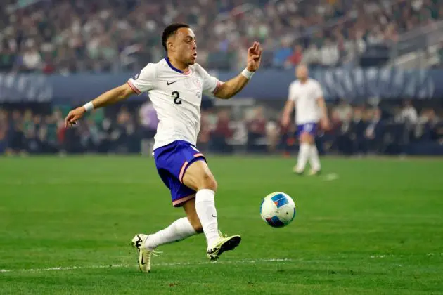 ARLINGTON, TEXAS - MARCH 24: Sergino Dest #2 of the United States plays the ball against Mexico in the Championship Match of the CONCACAF Nations League Finals at AT&T Stadium on March 24, 2024 in Arlington, Texas.