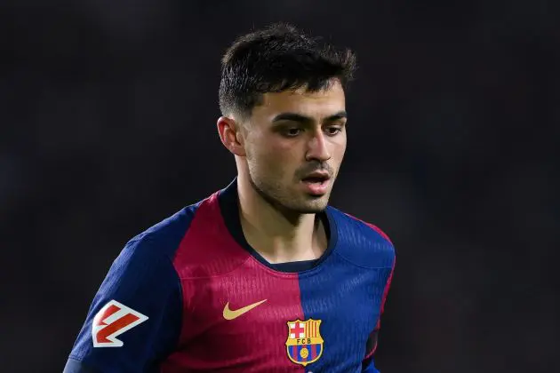 BARCELONA, SPAIN - OCTOBER 20: Pedri of FC Barcelona looks on during the La Liga EA Sports match between FC Barcelona and Sevilla FC at Estadi Olimpic Lluis Companys on October 20, 2024 in Barcelona, Spain.