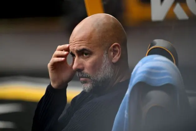 WOLVERHAMPTON, ENGLAND - OCTOBER 20: Pep Guardiola, Manager of Manchester City, looks on prior to the Premier League match between Wolverhampton Wanderers FC and Manchester City FC at Molineux on October 20, 2024 in Wolverhampton, England.