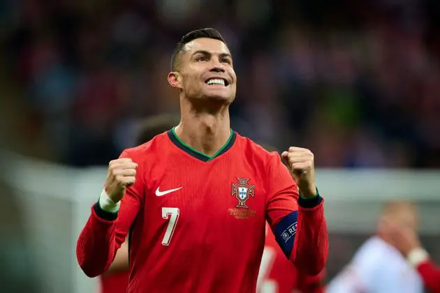 WARSAW, POLAND - OCTOBER 12: Cristiano Ronaldo reacts after scoring his team second goal during the UEFA Nations League 2024/25 League A Group A1 match between Poland and Portugal at PGE Narodowy on October 12, 2024 in Warsaw, Poland.