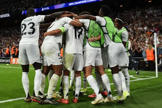 MADRID, SPAIN - OCTOBER 22: Lucas Vazquez (#17) of Real Madrid celebrates with teammates after scoring his team's third goal during the UEFA Champions League 2024/25 League Phase MD3 match between Real Madrid C.F. and Borussia Dortmund at Estadio Santiago Bernabeu on October 22, 2024 in Madrid, Spain.