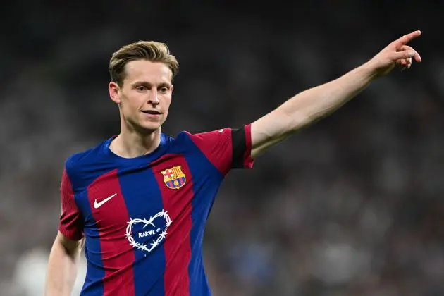 MADRID, SPAIN - APRIL 21: Frenkie de Jong of FC Barcelona reacts during the LaLiga EA Sports match between Real Madrid CF and FC Barcelona at Estadio Santiago Bernabeu on April 21, 2024 in Madrid, Spain.