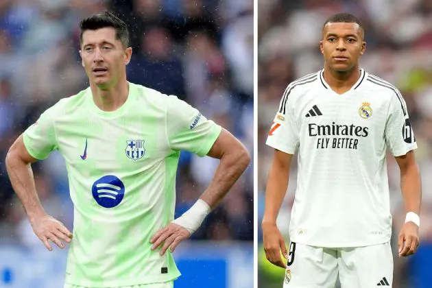 VITORIA-GASTEIZ, SPAIN - OCTOBER 06: Robert Lewandowski of FC Barcelona reacts during the LaLiga match between Deportivo Alaves and FC Barcelona at Estadio de Mendizorroza on October 06, 2024 in Vitoria-Gasteiz, Spain. | MADRID, SPAIN - AUGUST 25: Kylian Mbappe of Real Madrid looks on during the La Liga match between Real Madrid CF and Real Valladolid CF at Estadio Santiago Bernabeu on August 25, 2024 in Madrid, Spain.