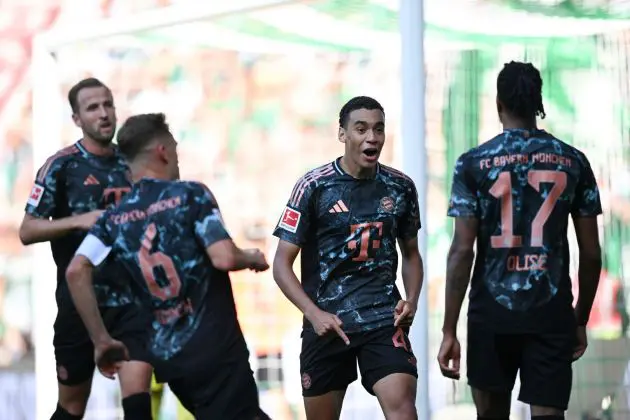 BREMEN, GERMANY - SEPTEMBER 21: Jamal Musiala of Bayern celebrates scoring his team's second goal during the Bundesliga match between SV Werder Bremen and FC Bayern München at Weserstadion on September 21, 2024 in Bremen, Germany.