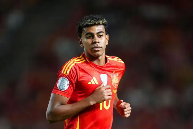 MURCIA, SPAIN - OCTOBER 12: Lamine Yamal of Spain looks on during the UEFA Nations League 2024/25 League A Group A4 match between Spain and Denmark at Nueva Condomina on October 12, 2024 in Murcia, Spain.