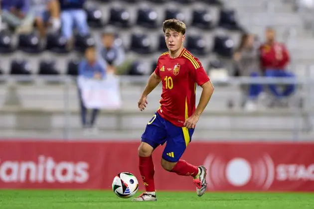 LA LINEA DE LA CONCEPCION, SPAIN - OCTOBER 10: Pablo Torre of Spain ai during the UEFA European U21 Championship Qualifying match between Spain and Kazakhstan at Estadio Municipal de La Linea on October 10, 2024 in La Linea de la Concepcion, Spain.