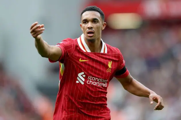 LIVERPOOL, ENGLAND - SEPTEMBER 14: Liverpool's Trent Alexander-Arnold reacts during the Premier League match between Liverpool FC and Nottingham Forest FC at Anfield on September 14, 2024 in Liverpool, England.