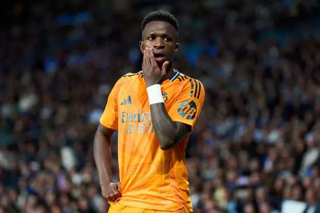 SAN SEBASTIAN, SPAIN - SEPTEMBER 14: Vinicius Junior of Real Madrid reacts during the LaLiga match between Real Sociedad and Real Madrid CF at Reale Arena on September 14, 2024 in San Sebastian, Spain.