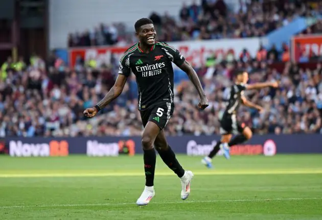 BIRMINGHAM, ENGLAND - AUGUST 24: Thomas Partey of Arsenal celebrates scoring his team's second goal during the Premier League match between Aston Villa FC and Arsenal FC at Villa Park on August 24, 2024 in Birmingham, England.