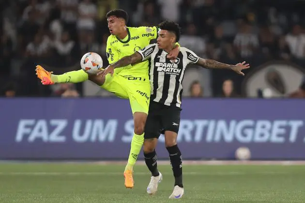 RIO DE JANEIRO, BRAZIL - AUGUST 14: Vitor Reis of Palmeiras fights for the ball with Igor Jesus of Botafogo during the Copa CONMEBOL Libertadores match between Botafogo and Palmeiras at Estadio Olimpico Nilton Santos on August 14, 2024 in Rio de Janeiro, Brazil.