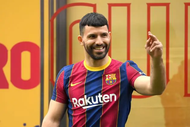 BARCELONA, SPAIN - MAY 31: Sergio Aguero reacts as he is presented as a Barcelona player at the Camp Nou Stadium on May 31, 2021 in Barcelona, Spain.