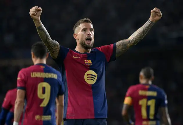 BARCELONA, SPAIN - OCTOBER 01: Inigo Martinez of FC Barcelona celebrates scoring his team's third goal during the UEFA Champions League 2024/25 League Phase MD2 match between FC Barcelona and BSC Young Boys at Estadi Olimpic Lluis Companys on October 01, 2024 in Barcelona, Spain.