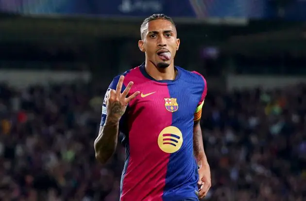 BARCELONA, SPAIN - OCTOBER 23: Raphinha of FC Barcelona celebrates scoring his team's fourth goal and his hat-trick goal during the UEFA Champions League 2024/25 League Phase MD3 match between FC Barcelona and FC Bayern Munchen at Estadi Olimpic Lluis Companys on October 23, 2024 in Barcelona, Spain.