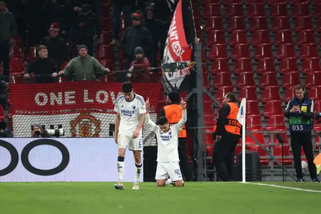 COPENHAGEN, DENMARK - NOVEMBER 08: Roony Bardghji of FC Copenhagen celebrates after scoring the team's fourth goal during the UEFA Champions League match between F.C. Copenhagen and Manchester United at Parken Stadium on November 08, 2023 in Copenhagen, Denmark.