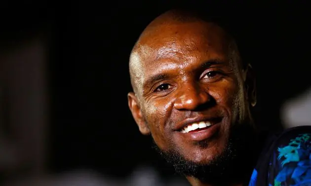 DALLAS, TX - APRIL 17: Former French professional footballer Eric Abidal is interviewed at Hotel Za Za to promote the 2015 UEFA Champions League Trophy Tour presented by Heineken on April 17, 2015 in Dallas, Texas.