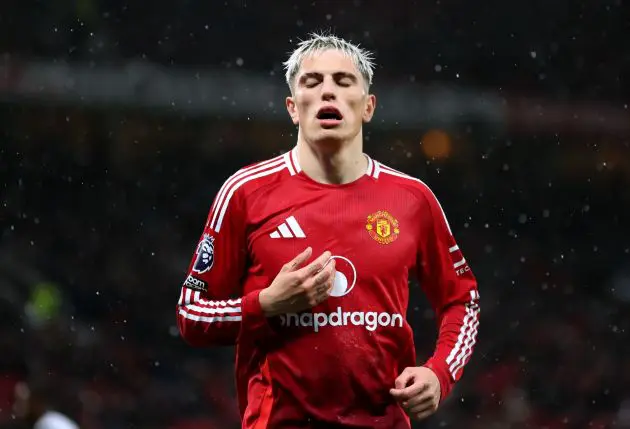 MANCHESTER, ENGLAND - SEPTEMBER 29: Alejandro Garnacho of Manchester United shows dejection during the Premier League match between Manchester United FC and Tottenham Hotspur FC at Old Trafford on September 29, 2024 in Manchester, England.