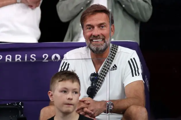 PARIS, FRANCE - AUGUST 29: Former Liverpool manager Jurgen Klopp (R) meets with supporters of New Zealand Badminton player Wojtek Czyz on day one of the Paris 2024 Summer Paralympic Games at Porte de La Chapelle Arena on August 29, 2024 in Paris, France.