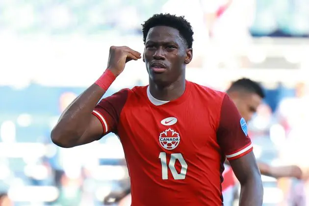 KANSAS CITY, KANSAS - JUNE 25: Jonathan David of Canada celebrates after scoring the team's first goal during the CONMEBOL Copa America 2024 between Peru and Canada at Children's Mercy Park on June 25, 2024 in Kansas City, Kansas.