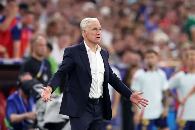 MUNICH, GERMANY - JULY 09: Didier Deschamps, Head Coach of France, reacts during the UEFA EURO 2024 Semi-Final match between Spain and France at Munich Football Arena on July 09, 2024 in Munich, Germany.