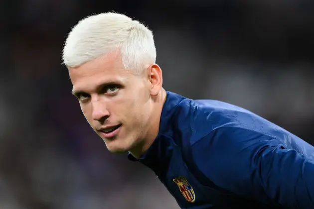 MADRID, SPAIN - OCTOBER 26: Dani Olmo of FC Barcelona looks on prior the LaLiga match between Real Madrid CF and FC Barcelona at Estadio Santiago Bernabeu on October 26, 2024 in Madrid, Spain.