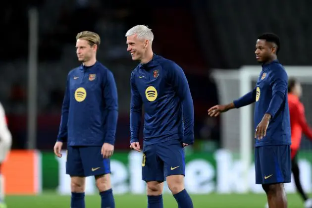 BARCELONA, SPAIN - OCTOBER 23: Dani Olmo of FC Barcelona reacts as he warms up prior to the UEFA Champions League 2024/25 League Phase MD3 match between FC Barcelona and FC Bayern Munchen at Estadi Olimpic Lluis Companys on October 23, 2024 in Barcelona, Spain.