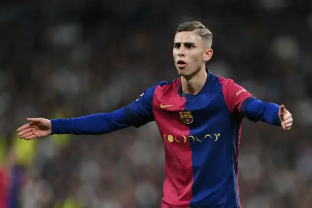 MADRID, SPAIN - OCTOBER 26: Fermin Lopez of FC Barcelona reacts during the LaLiga match between Real Madrid CF and FC Barcelona at Estadio Santiago Bernabeu on October 26, 2024 in Madrid, Spain.