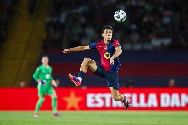 BARCELONA, SPAIN - AUGUST 12: Hector Fort of FC Barcelona controls the ball during the Joan Gamper Trophy match between FC Barcelona and AS Monaco at Estadi Olimpic Lluis Companys on August 12, 2024 in Barcelona, Spain.