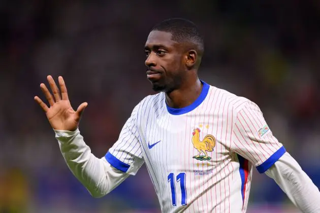 HAMBURG, GERMANY - JULY 05: Ousmane Dembele of France reacts during the UEFA EURO 2024 quarter-final match between Portugal and France at Volksparkstadion on July 05, 2024 in Hamburg, Germany.