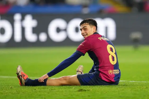 BARCELONA, SPAIN - NOVEMBER 03: Pedri of FC Barcelona reacts during the La Liga EA Sports match between FC Barcelona and RCD Espanyol at Estadi Olimpic Lluis Companys on November 03, 2024 in Barcelona, Spain.