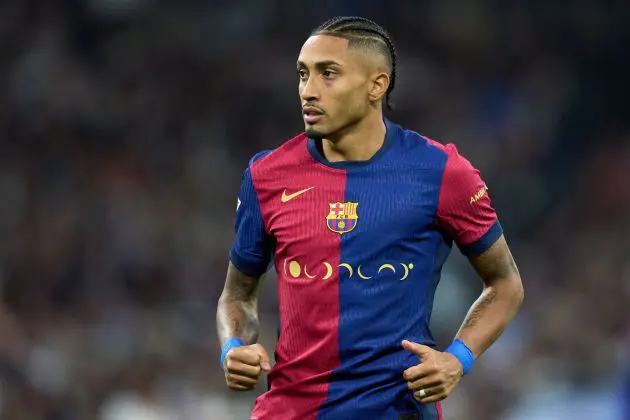 MADRID, SPAIN - OCTOBER 26: Raphinha of FC Barcelona looks on during the LaLiga match between Real Madrid CF and FC Barcelona at Estadio Santiago Bernabeu on October 26, 2024 in Madrid, Spain.