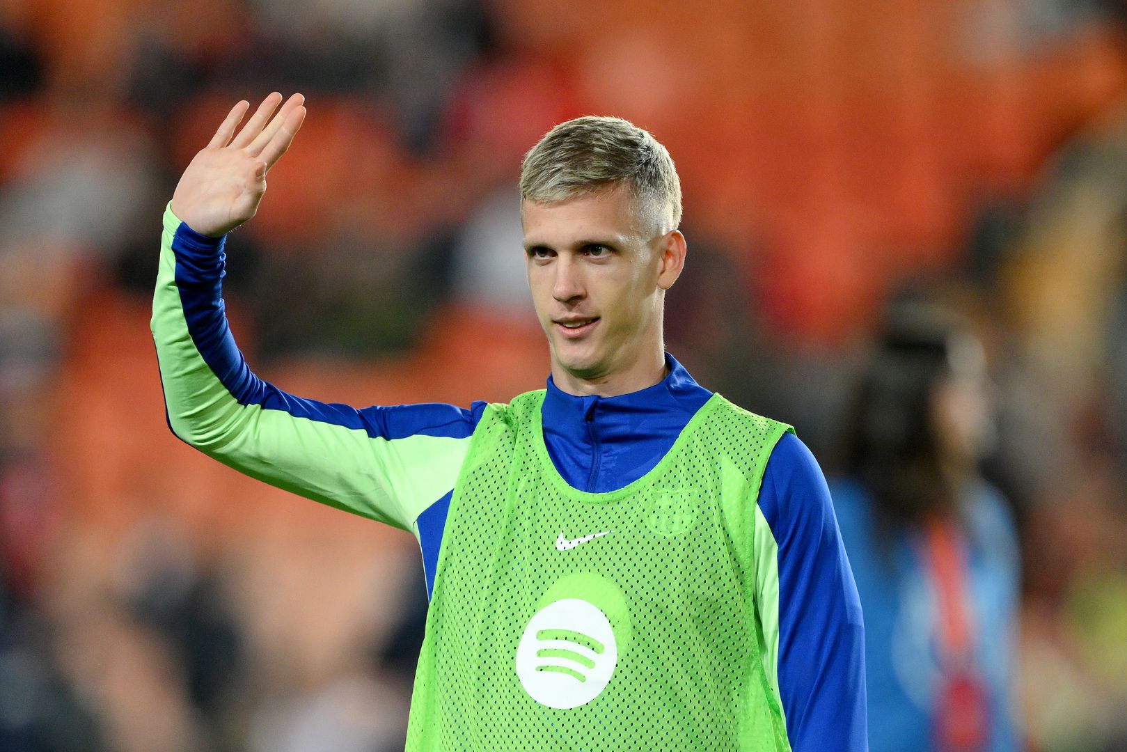 VALENCIA, SPAIN - FEBRUARY 06: Dani Olmo of FC Barcelona gestures during the warm up after returning from injury prior to the Copa del Rey quarter-final match between Valencia CF and FC Barcelona at the Estadio Mestalla on February 06, 2025 in Valencia, Spain.