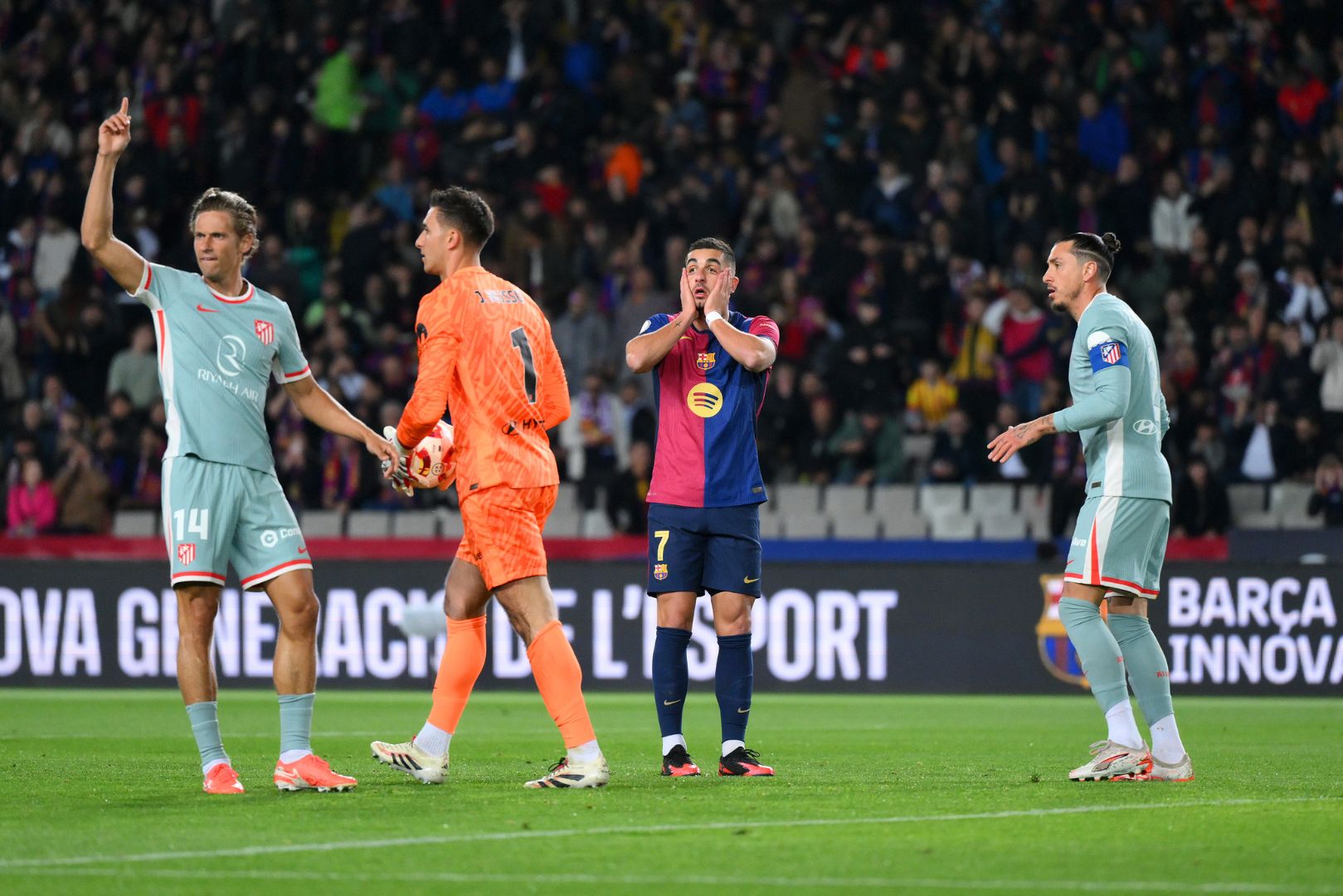 BARCELONA, SPAIN - FEBRUARY 25: Ferran Torres of FC Barcelona reacts during the Copa del Rey Semi Final match between FC Barcelona and Atletico de Madrid at Estadi Olimpic Lluis Companys on February 25, 2025 in Barcelona, Spain.