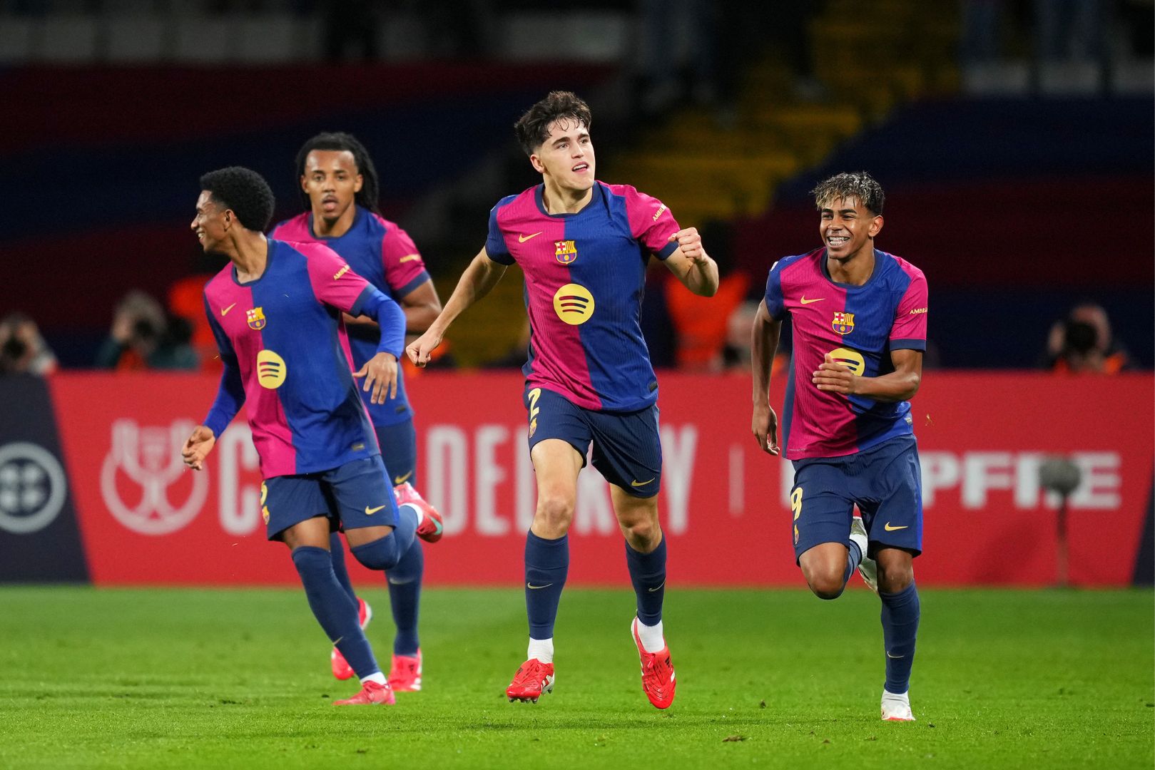 BARCELONA, SPAIN - FEBRUARY 25: Pau Cubarsi of FC Barcelona celebrates scoring his team's second goal during the Copa del Rey Semi Final match between FC Barcelona and Atletico de Madrid at Estadi Olimpic Lluis Companys on February 25, 2025 in Barcelona, Spain.