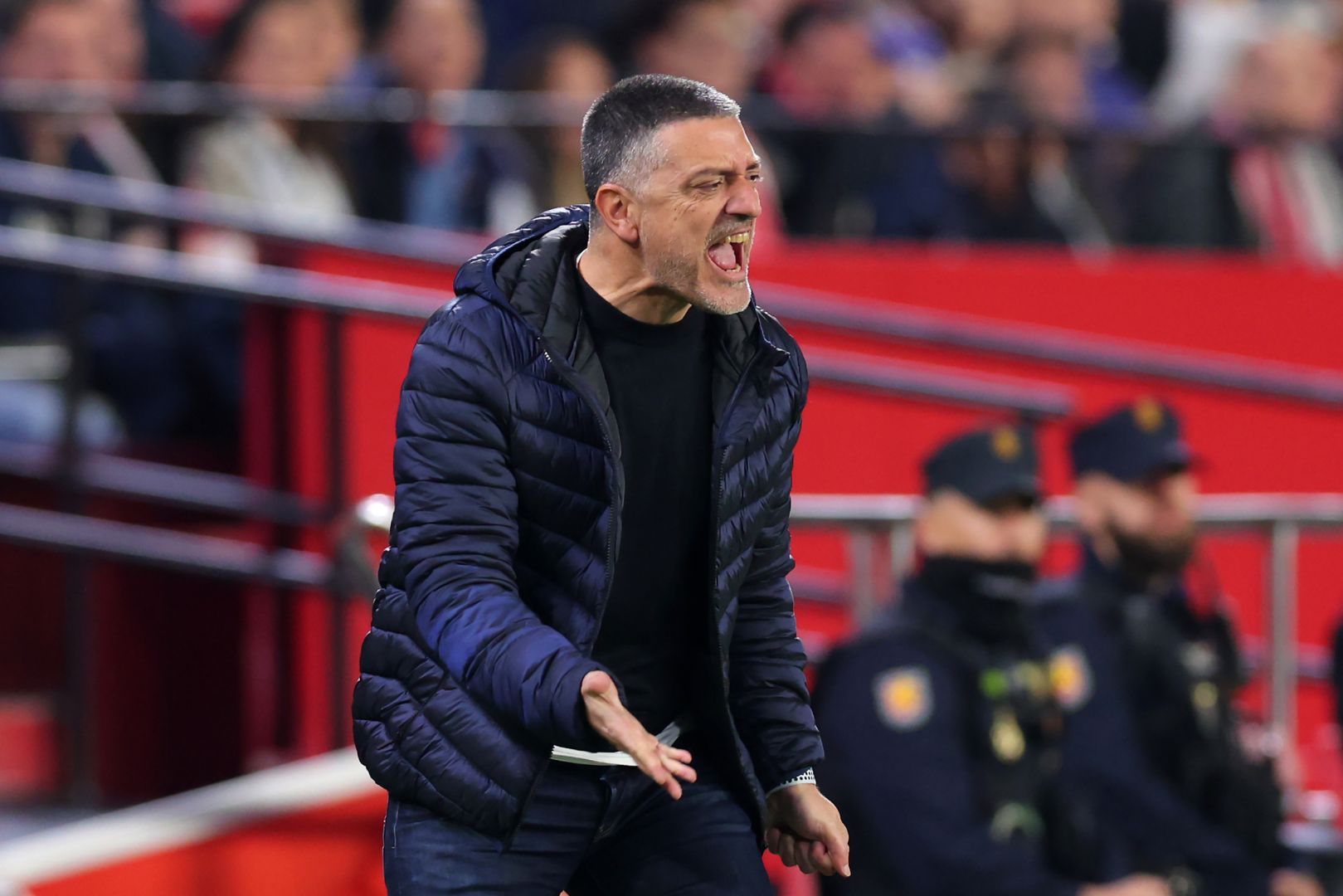 SEVILLE, SPAIN - JANUARY 25: Garcia Pimienta, Head Coach of Sevilla FC, reacts during the LaLiga match between Sevilla FC and RCD Espanyol de Barcelona at Estadio Ramon Sanchez Pizjuan on January 25, 2025 in Seville, Spain.