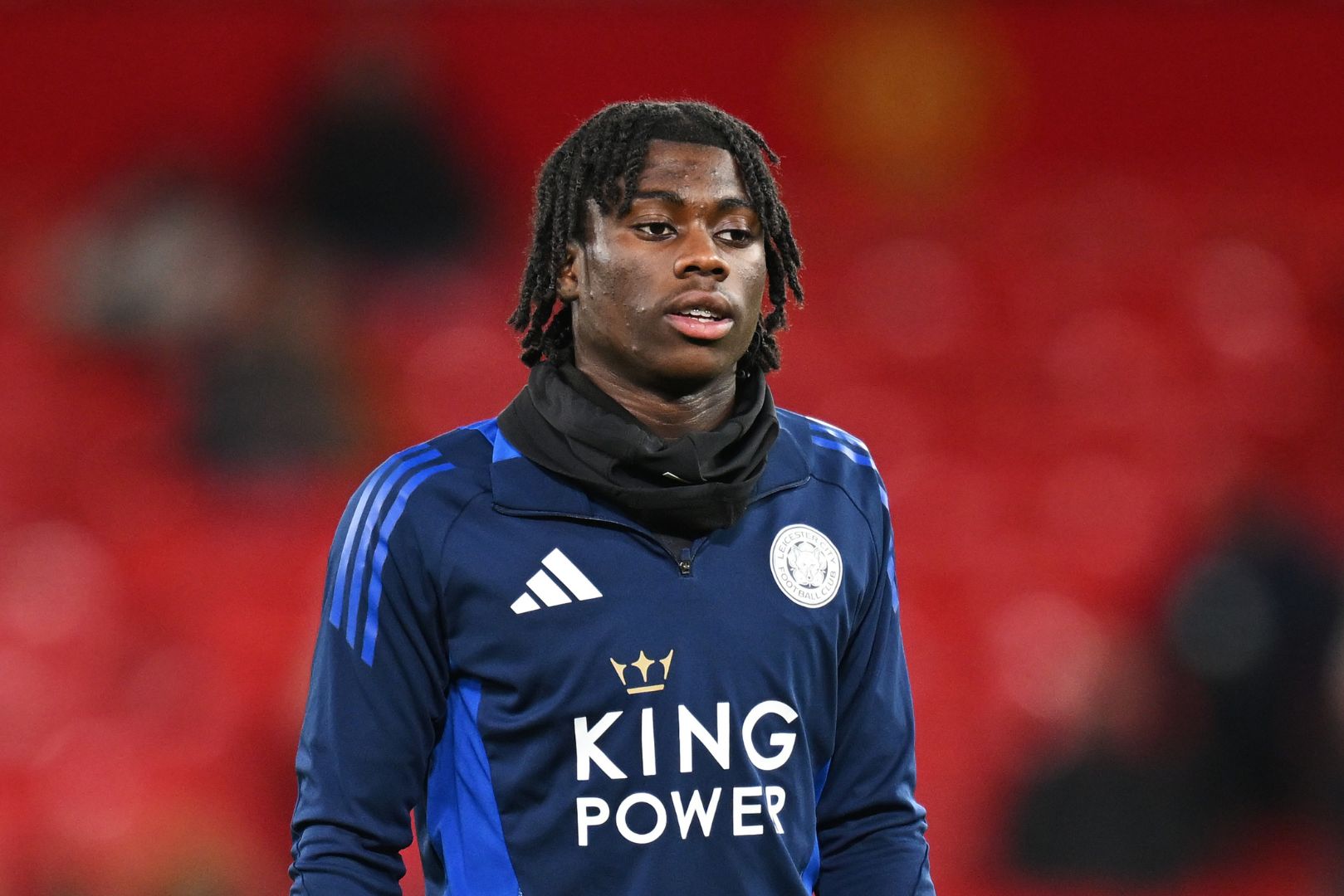 MANCHESTER, ENGLAND - FEBRUARY 07: Jeremy Monga of Leicester City warms up prior to the Emirates FA Cup Fourth Round match between Manchester United and Leicester City at Old Trafford on February 07, 2025 in Manchester, England.