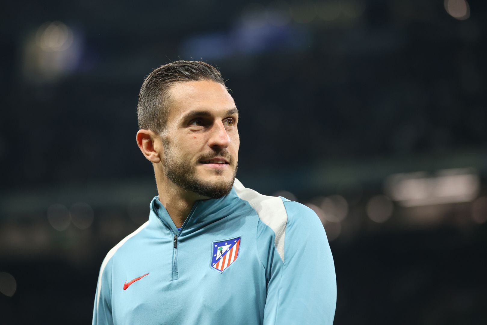 MADRID, SPAIN - FEBRUARY 08: Koke of Atletico de Madrid looks on prior to the LaLiga match between Real Madrid CF and Atletico de Madrid at Estadio Santiago Bernabeu on February 08, 2025 in Madrid, Spain.