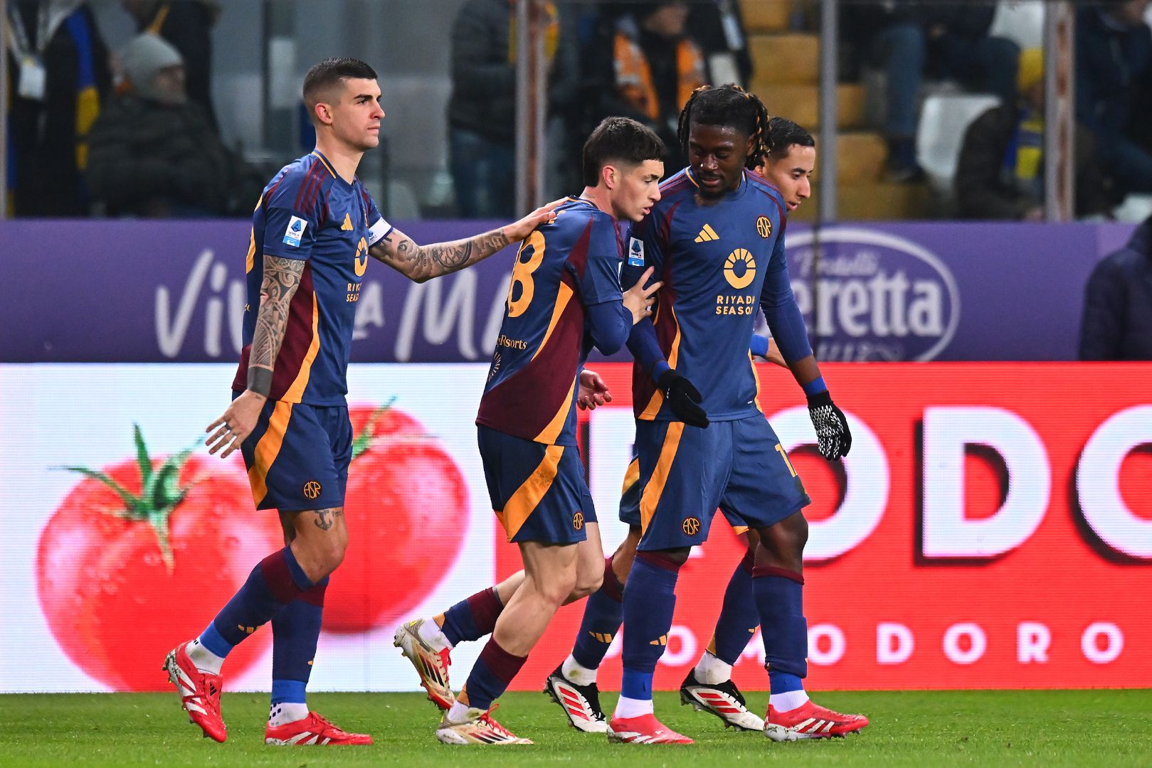 PARMA, ITALY - FEBRUARY 16: Matias Soule of AS Roma celebrates scoring his team's first goal during the Serie A match between Parma and AS Roma at Stadio Ennio Tardini on February 16, 2025 in Parma, Italy.