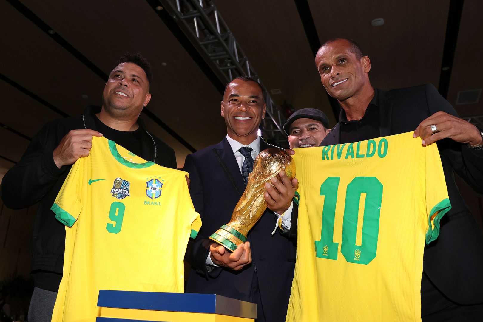 RIO DE JANEIRO, BRAZIL - JUNE 30: (L-R) Brazilian formers football players Ronaldo Nazario, Cafu, Luizao and Rivaldo pose for photographers during a ceremony organized by Brazilian Football Confederation to honor 2002 FIFA World Champions on the 20th anniversary at Fairmont Hotel on June 30, 2022 in Rio de Janeiro, Brazil.