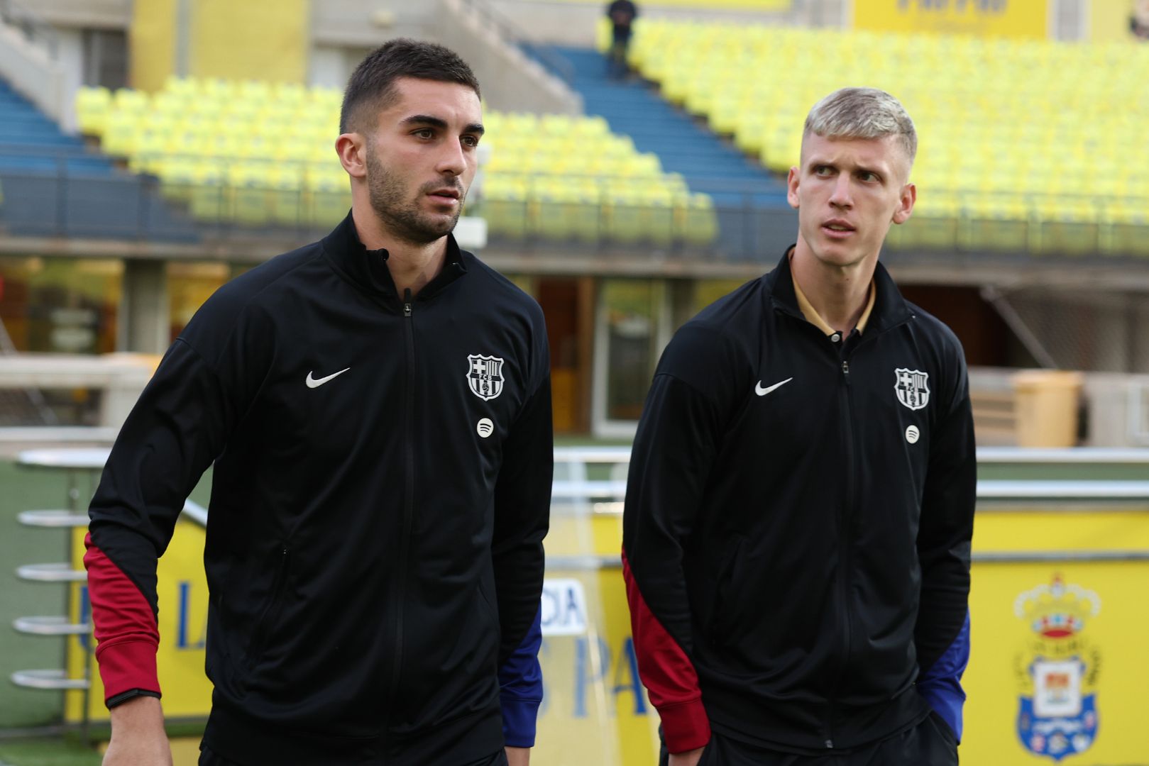 LAS PALMAS, SPAIN - FEBRUARY 22: Ferran Torres and Dani Olmo of FC Barcelona arrives at the stadium prior to the LaLiga match between UD Las Palmas and FC Barcelona at Estadio Gran Canaria on February 22, 2025 in Las Palmas, Spain.