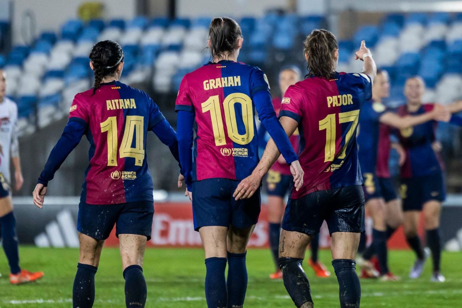 FC Barcelona Femení players celebrate after scoring against Real Madrid Femenino in the Copa de la Reina semi-final first leg.