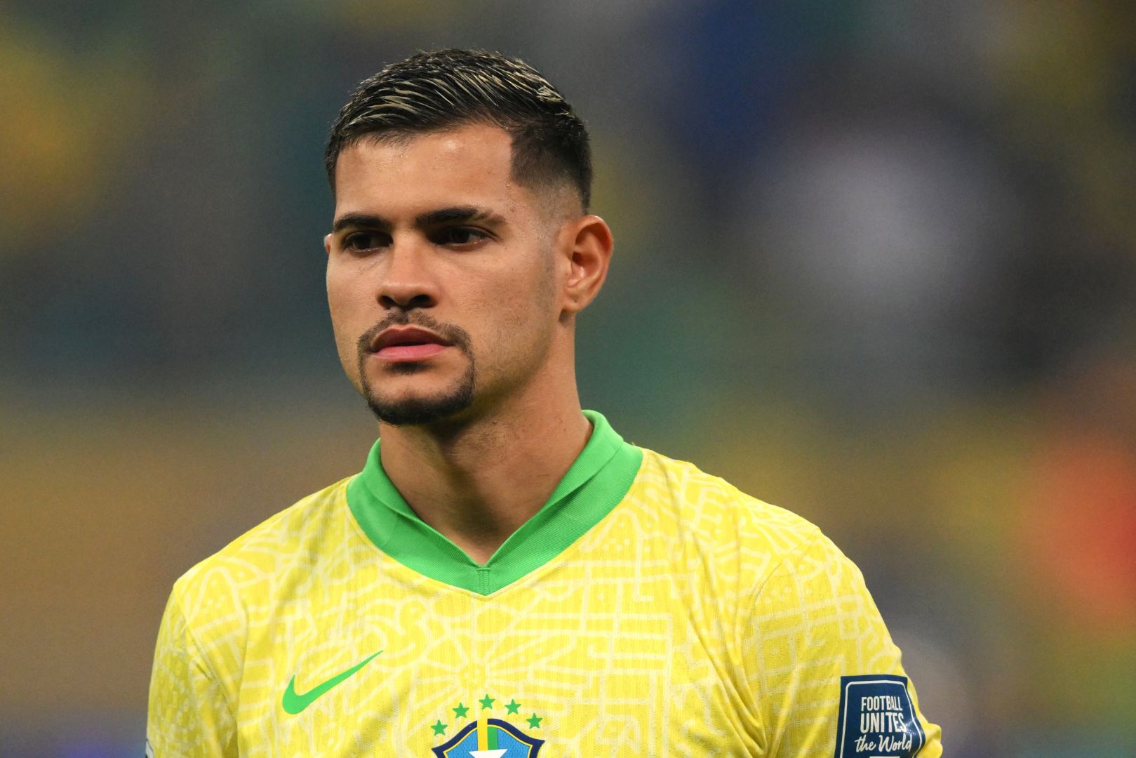 SALVADOR, BRAZIL - NOVEMBER 19: Bruno Guimaraes of Brazil lines up prior to the South American FIFA World Cup 2026 Qualifier match between Brazil and Uruguay at Arena Fonte Nova on November 19, 2024 in Salvador, Brazil.