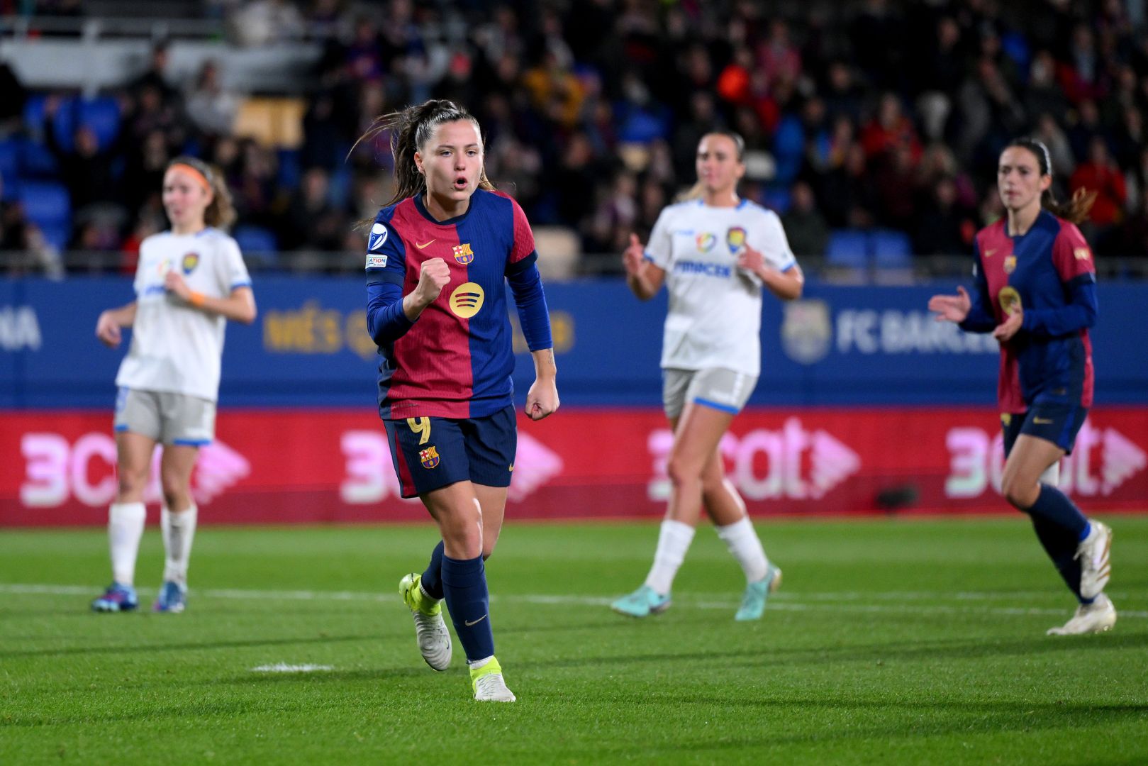 BARCELONA, SPAIN - NOVEMBER 12: Claudia Pina of FC Barcelona Femení celebrates scoring her team's sixth goal from a penalty kick during the UEFA Women's Champions League match between FC Barcelona and SKN St. Pölten at Estadi Johan Cruyff on November 12, 2024 in Barcelona, Spain.