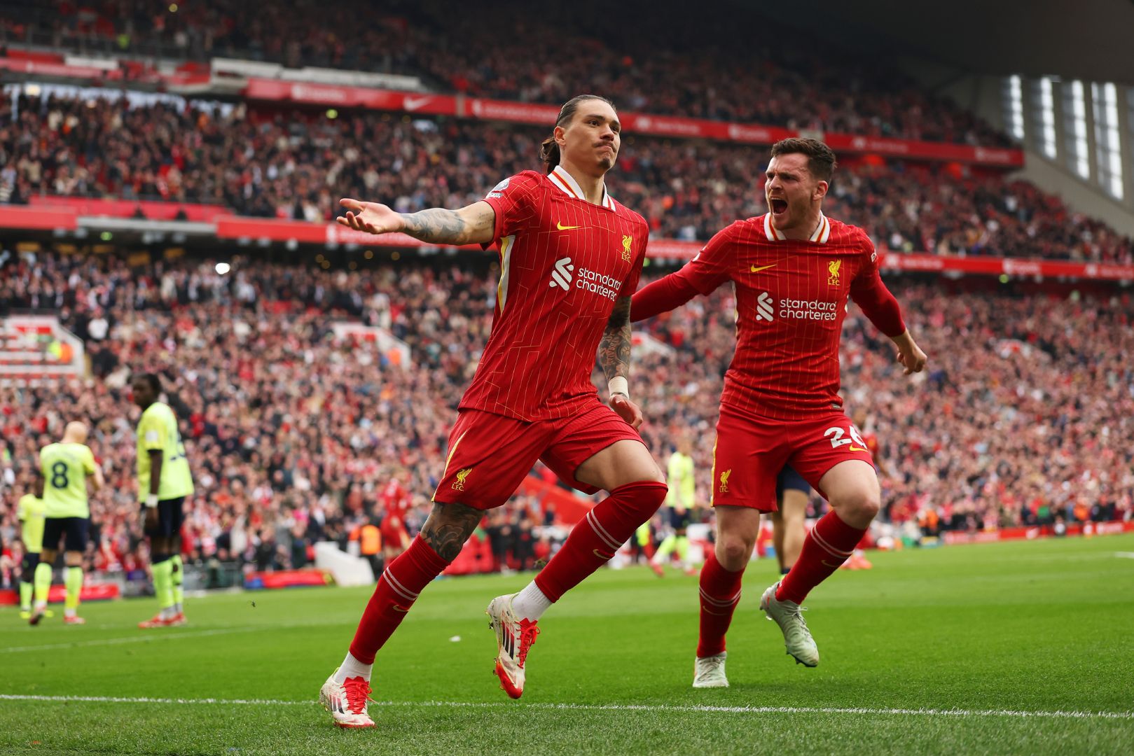 LIVERPOOL, ENGLAND - MARCH 08: Darwin Nunez of Liverpool celebrates scoring his team's first goal during the Premier League match between Liverpool FC and Southampton FC at Anfield on March 08, 2025 in Liverpool, England.